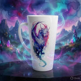 A tall white ceramic mug with a colorful fantasy creature illustration, set against a vibrant cosmic, nebula-like background.