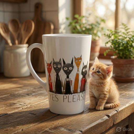 A white ceramic mug with a colorful cartoon cat illustration and the text 'YES PLEASE' sits on a rustic wooden table next to a small orange kitten in a warm, sunlit kitchen setting.