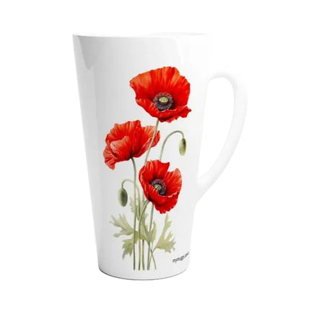 White ceramic latte mug featuring elegant red poppy floral botanical illustration
