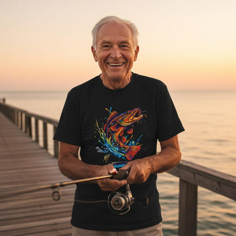 Man holding a fishing rod on a wooden pier with a colorful fish design on his shirt.
