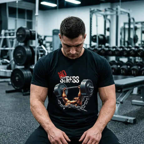 Man in a gym wearing a black t-shirt with a graphic design.