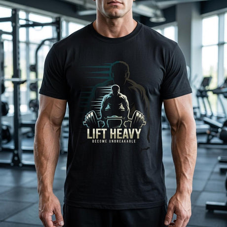 Person wearing a black t-shirt with 'Lift Heavy Become Unbreakable' graphic in a gym.