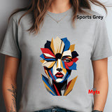 Sports Grey abstract geometric face T-shirt featuring a colourful fragmented portrait design in red, blue, gold, cream and black.