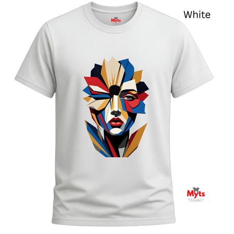White abstract geometric face T-shirt featuring a colourful fragmented portrait design in red, blue, gold, cream and black.