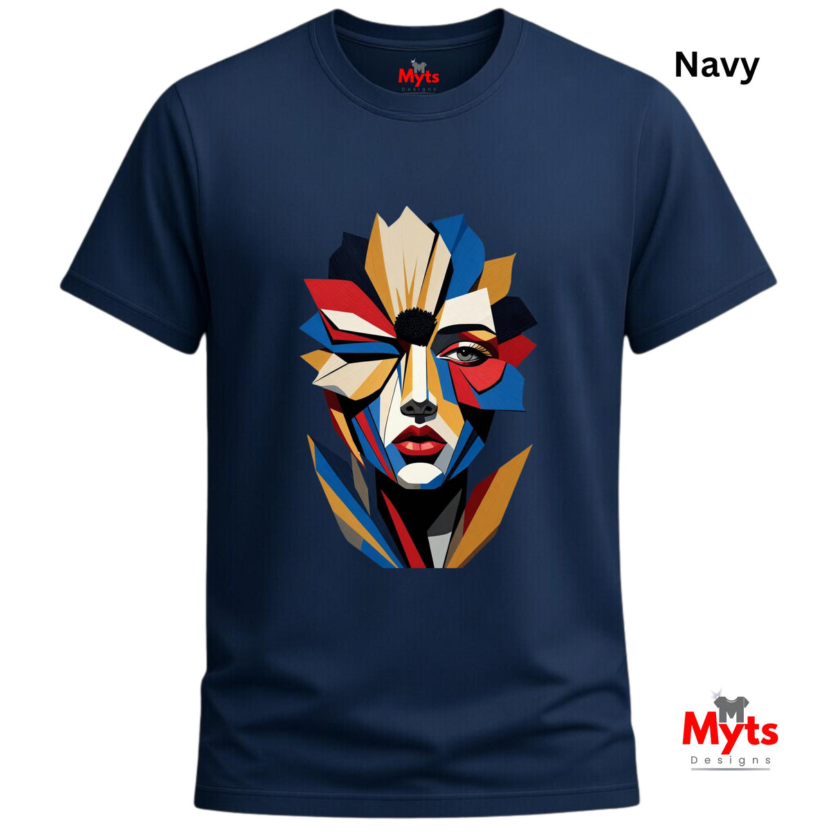 Navy abstract geometric face T-shirt featuring a colourful fragmented portrait design in red, blue, gold, cream and black.