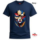 Navy abstract geometric face T-shirt featuring a colourful fragmented portrait design in red, blue, gold, cream and black.