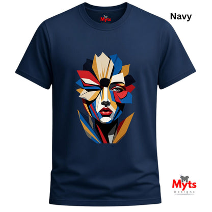Navy abstract geometric face T-shirt featuring a colourful fragmented portrait design in red, blue, gold, cream and black.