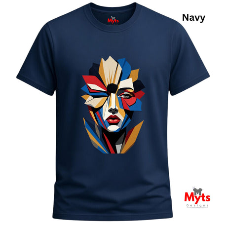 Navy abstract geometric face T-shirt featuring a colourful fragmented portrait design in red, blue, gold, cream and black.
