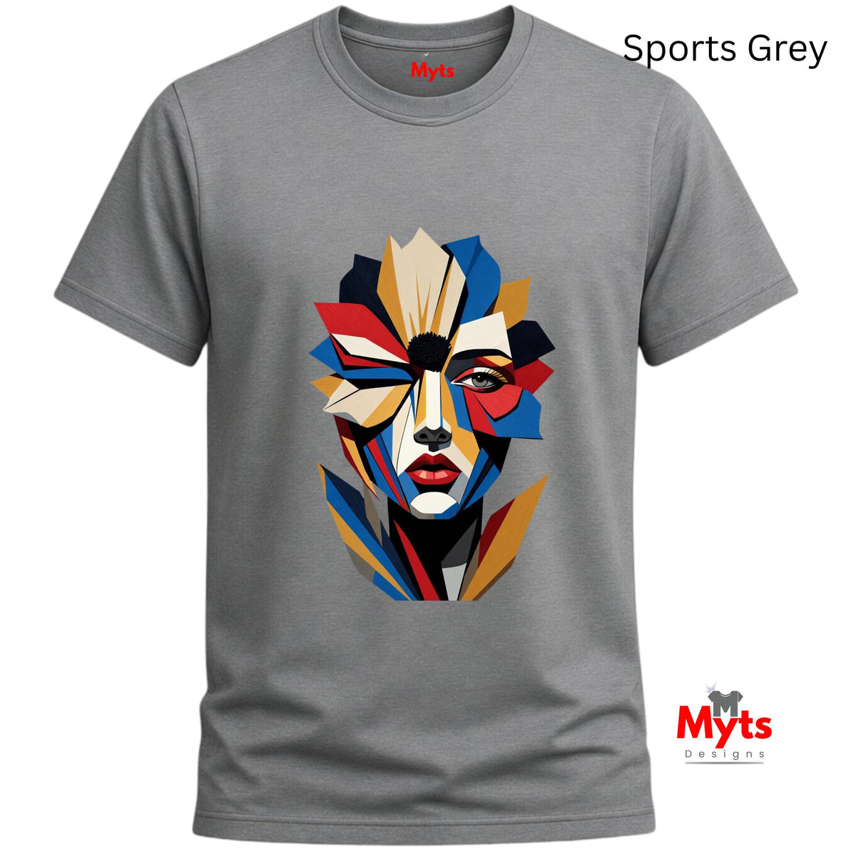 Sports Grey abstract geometric face T-shirt featuring a colourful fragmented portrait design in red, blue, gold, cream and black.