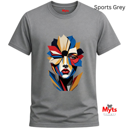 Sports Grey abstract geometric face T-shirt featuring a colourful fragmented portrait design in red, blue, gold, cream and black.