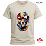 Natural abstract geometric face T-shirt featuring a colourful fragmented portrait design in red, blue, gold, cream and black.