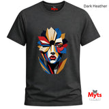 Dark Heather abstract geometric face T-shirt featuring a colourful fragmented portrait design in red, blue, gold, cream and black.