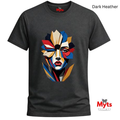 Dark Heather abstract geometric face T-shirt featuring a colourful fragmented portrait design in red, blue, gold, cream and black.