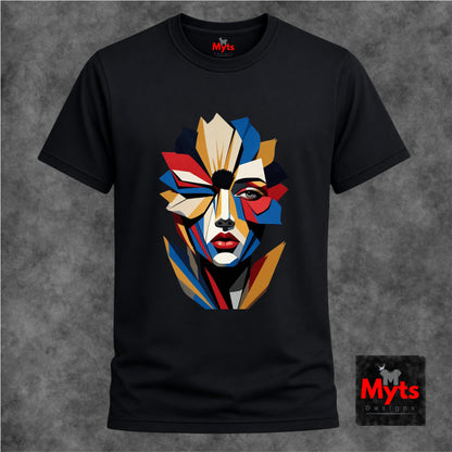 Black abstract geometric face T-shirt featuring a colourful fragmented portrait design in red, blue, gold, cream and black.