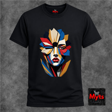 Black abstract geometric face T-shirt featuring a colourful fragmented portrait design in red, blue, gold, cream and black.