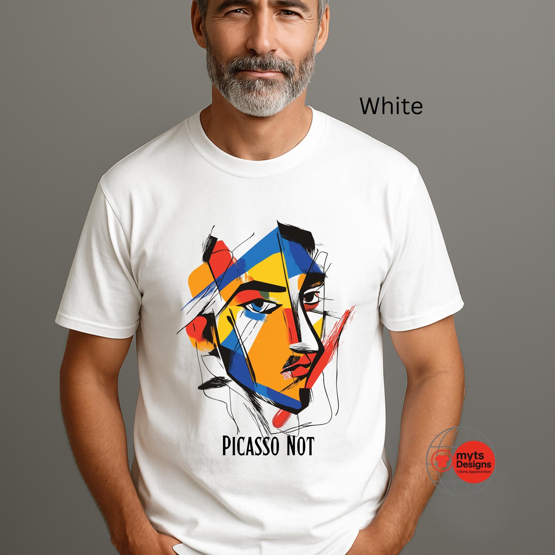 White unisex t-shirt featuring abstract cubist face artwork with bold colors and modern line design