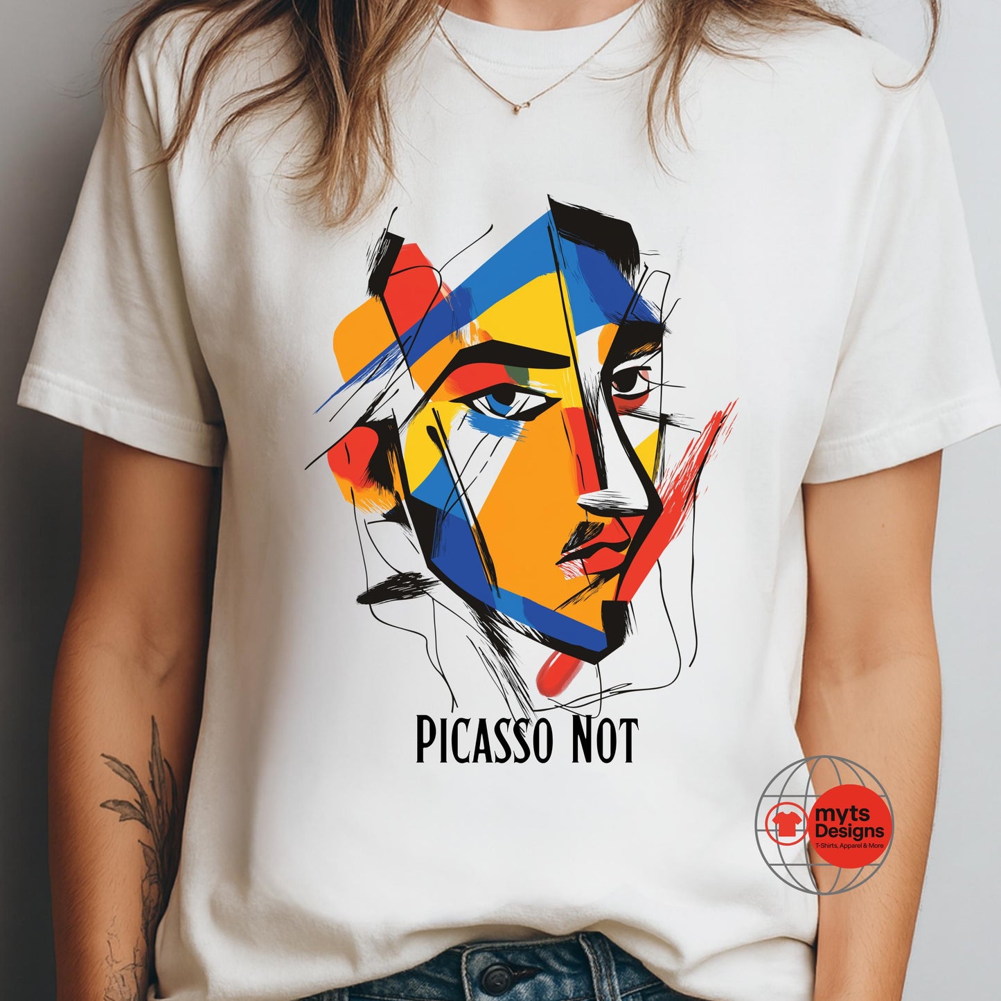Modern art inspired graphic tee worn by model showcasing geometric portrait design