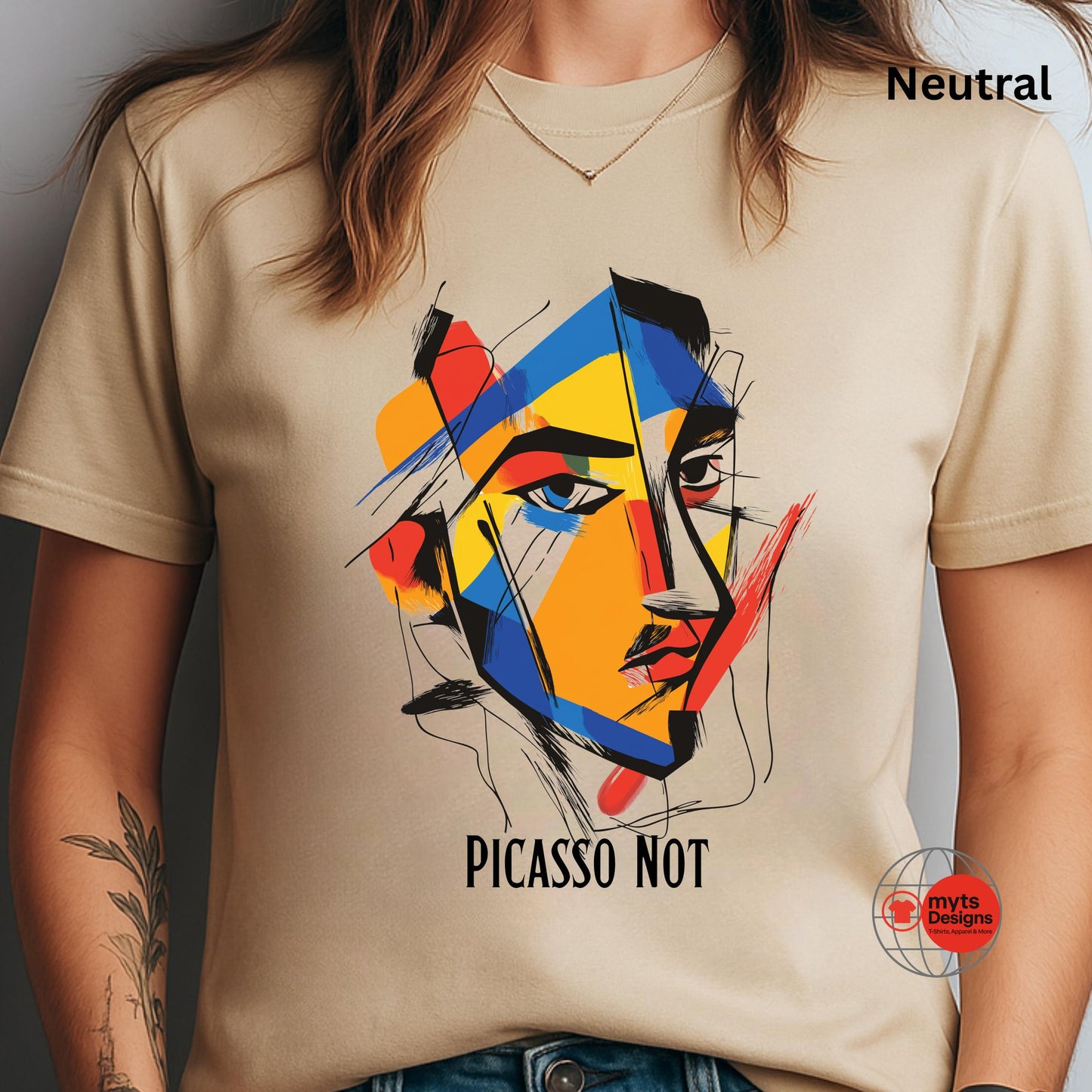 Modern art inspired graphic tee worn by model showcasing geometric portrait design
