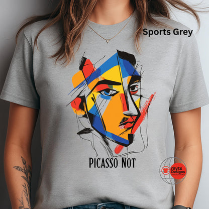 Close-up of abstract face graphic t-shirt with playful Picasso Not text