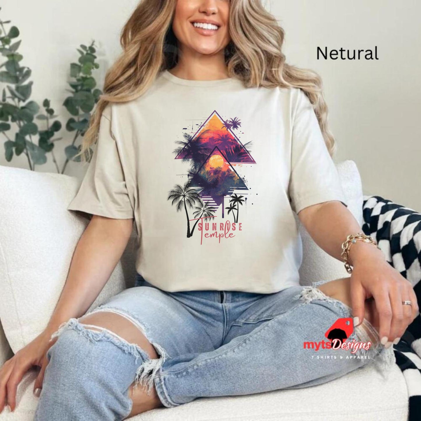 Geometric Sunset Crewneck T-Shirt | Palm Tree Design | Unisex