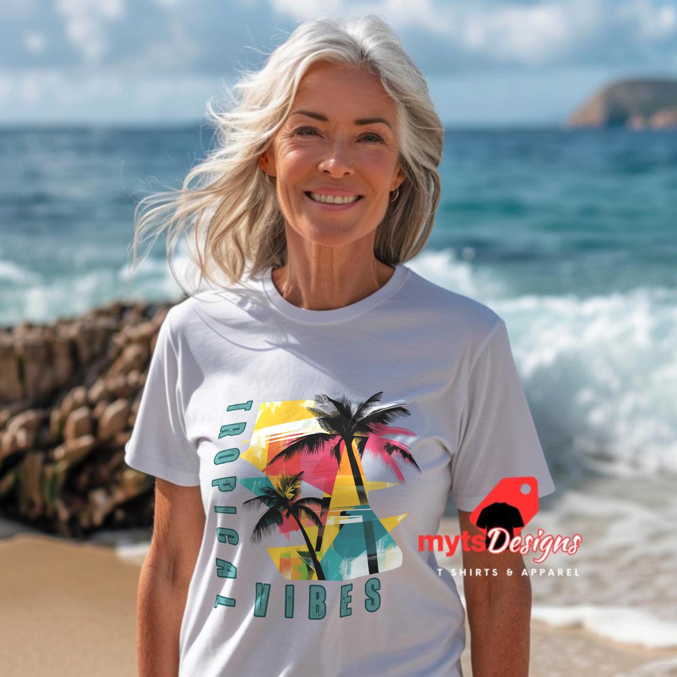 Tropical Vibes T-shirt Tropical Vibes Geometric Holiday T-Shirt, Vibrant Colors, Beach Style Tee, Summer Vacation Gift