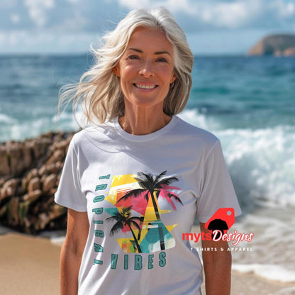 Tropical Vibes T-shirt Tropical Vibes Geometric Holiday T-Shirt, Vibrant Colors, Beach Style Tee, Summer Vacation Gift