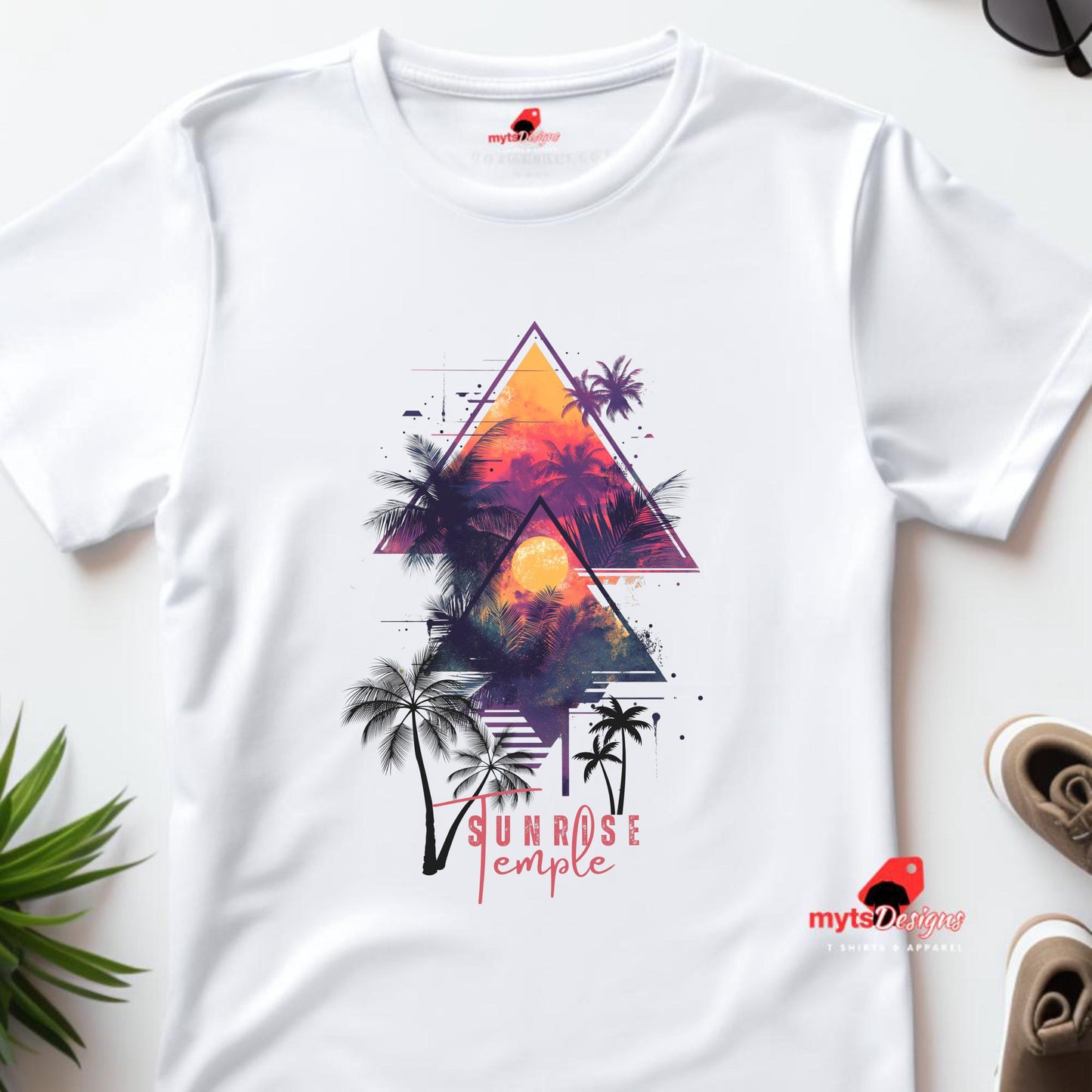 Geometric Sunset Crewneck T-Shirt | Palm Tree Design | Unisex