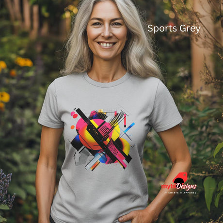 Modern geometric abstract T-shirt with bold colorful shapes printed on Sports Grey cotton tee