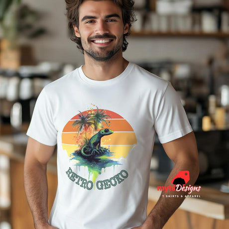 A white Retro Gecko T Shirt worn by a young man