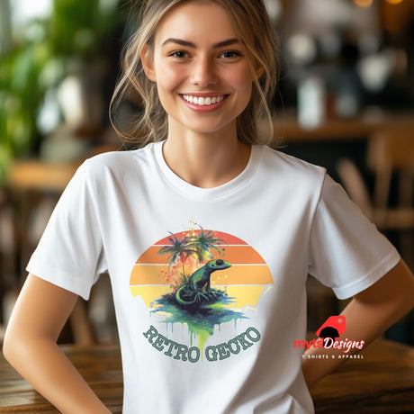 A white Retro Gecko T Shirt worn by a young woman