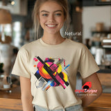 Modern geometric abstract T-shirt with bold colorful shapes printed on Neutral cotton tee