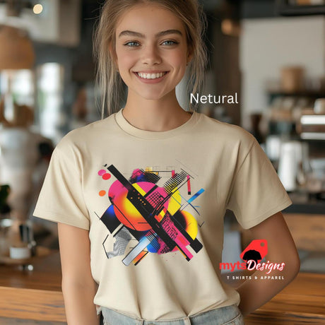 Modern geometric abstract T-shirt with bold colorful shapes printed on Neutral cotton tee