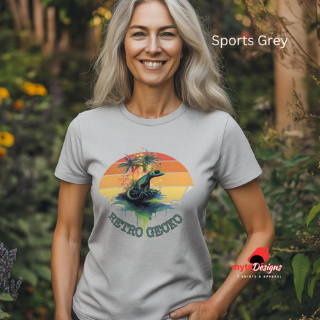 Sports Grey Retro Gecko T-shirt worn by a senior woman