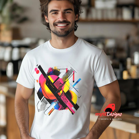 Modern geometric abstract T-shirt with bold colorful shapes printed on white cotton tee