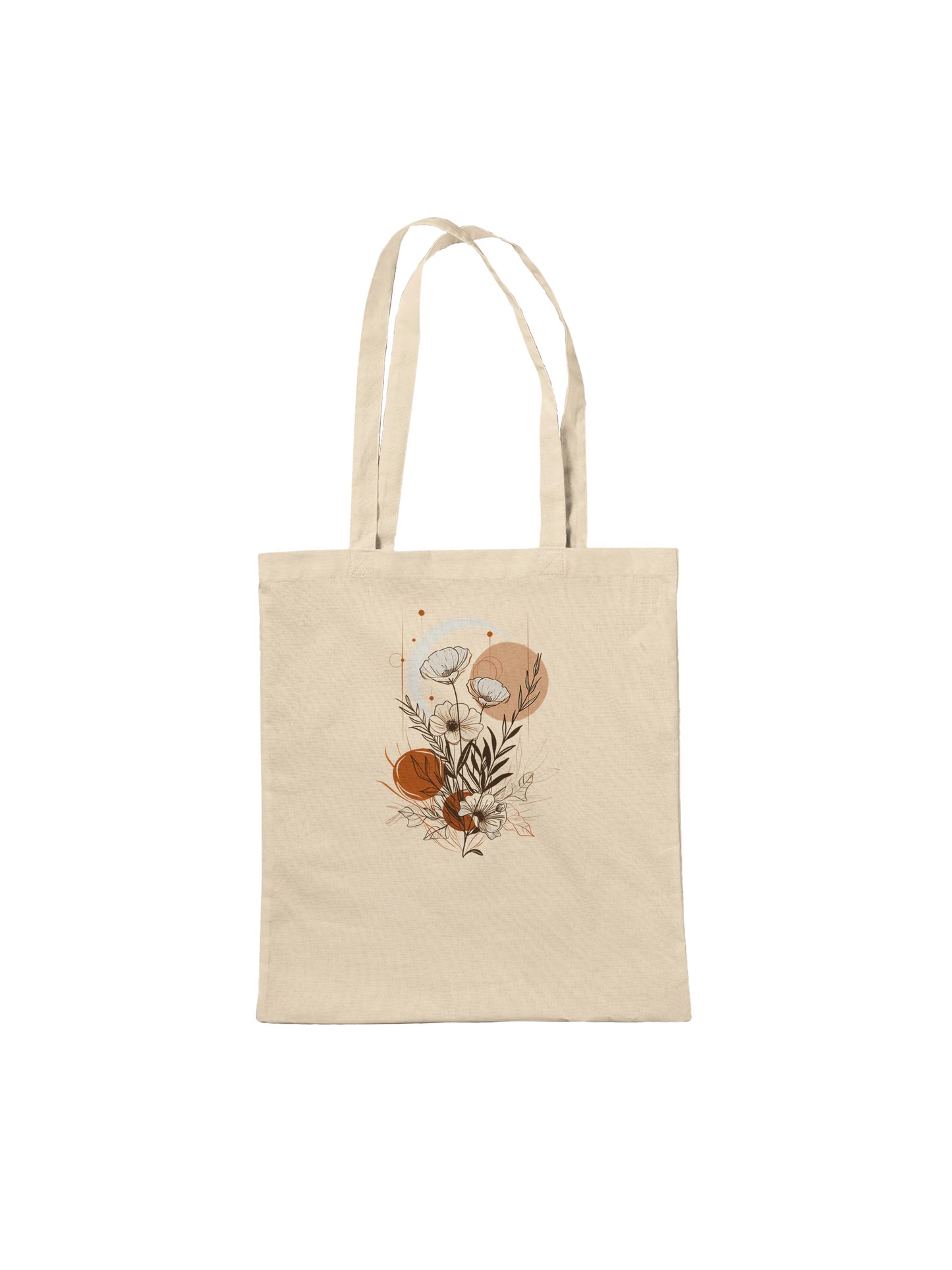 Beige tote bag with floral design on a white background