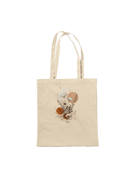 Beige tote bag with floral design on a white background