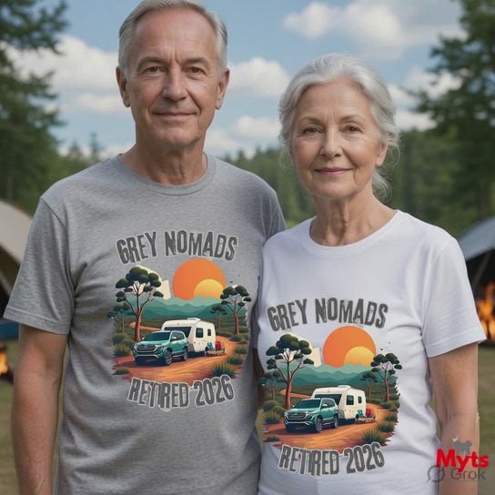 Grey Nomads Retired 2026 white T-shirt featuring an Australian caravan, 4WD, sunset landscape and camping scene for retired travellers.