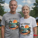 Grey Nomads Retired 2026 white T-shirt featuring an Australian caravan, 4WD, sunset landscape and camping scene for retired travellers.