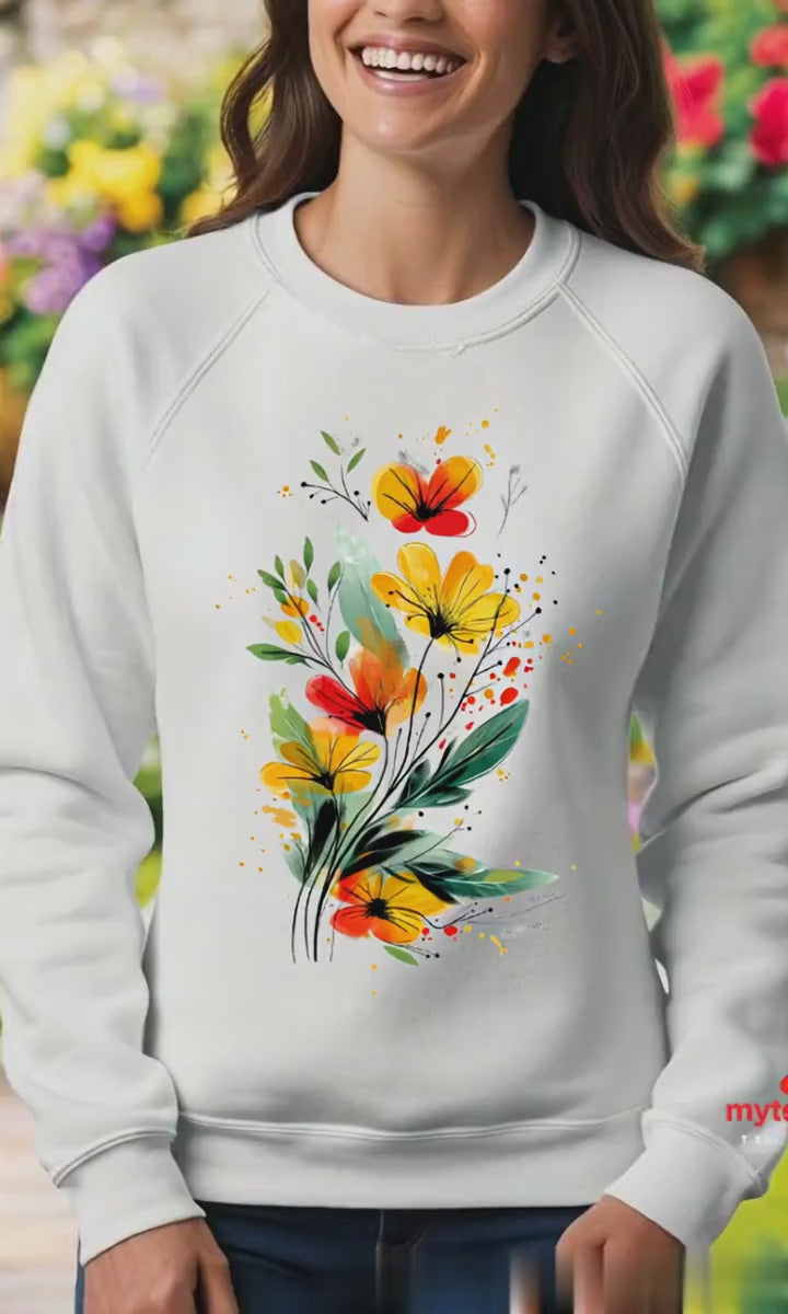 Video of a woman walking through a cottage garden wearing a white floral sweatshirt