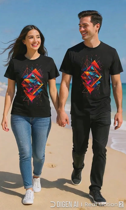 Modern Geometric Abstract T-Shirt – Vibrant Prism Art on Black Tee