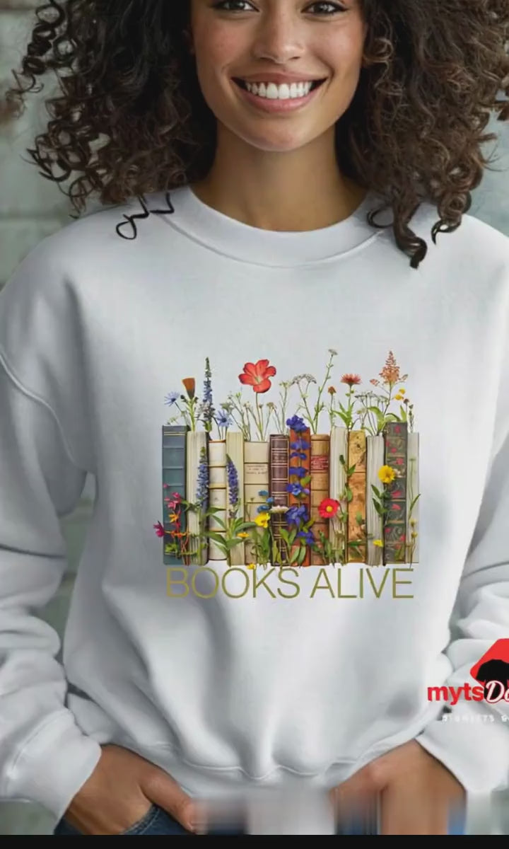 A young girl walking wearing a white floral sweatshirt
