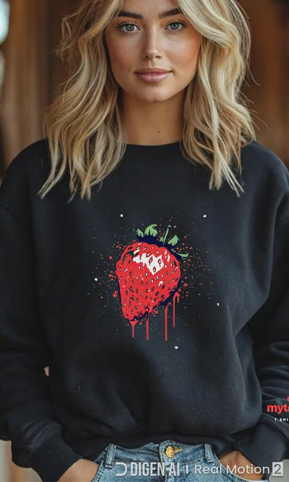 girl walking wearing black strawberry sweatshirt