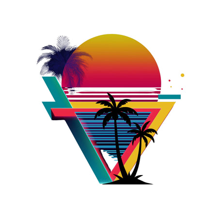 A colorful retro-style graphic featuring a sunset gradient in yellow, orange, and red behind a large letter V, with palm tree silhouettes and blue horizontal stripes on a white background.