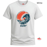 White short-sleeve crewneck t-shirt with a distressed circular graphic of a surfer riding a wave in red and navy blue, with the word 'SURF' printed below. The brand 'Myts' is visible on the inner neck label and as a watermark logo in the bottom right corner.