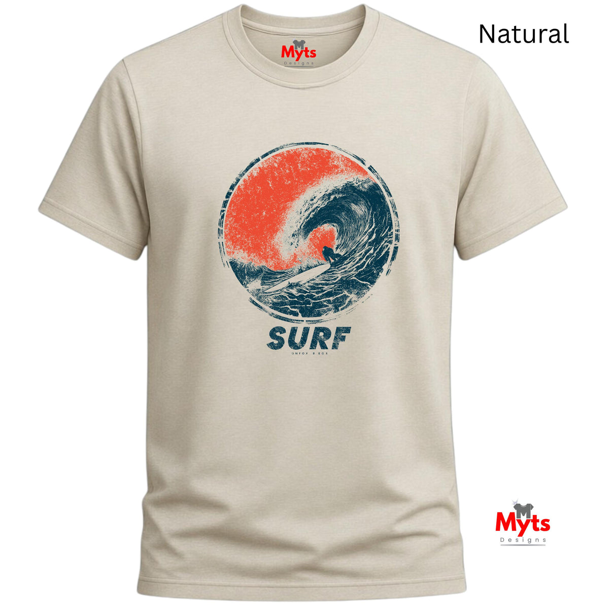 ANatural crewneck t-shirt with a vintage-style graphic of a surfer inside a wave, labeled 'SURF' underneath. The shirt is shown on a white background with 'Myts' branding and a 'Natural' color label.