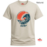 ANatural crewneck t-shirt with a vintage-style graphic of a surfer inside a wave, labeled 'SURF' underneath. The shirt is shown on a white background with 'Myts' branding and a 'Natural' color label.