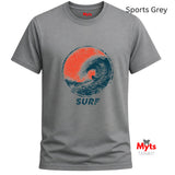 A Sports grey short-sleeve t-shirt with a circular graphic of a blue and orange surf wave and the word 'SURF' printed below it. The brand name 'Myts' is visible on the inner neck label and as a watermark logo in the bottom right corner.