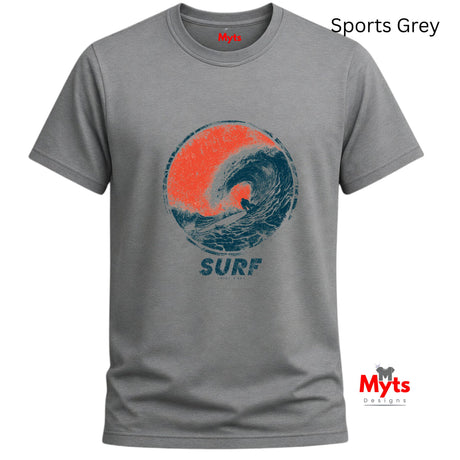 A Sports grey short-sleeve t-shirt with a circular graphic of a blue and orange surf wave and the word 'SURF' printed below it. The brand name 'Myts' is visible on the inner neck label and as a watermark logo in the bottom right corner.