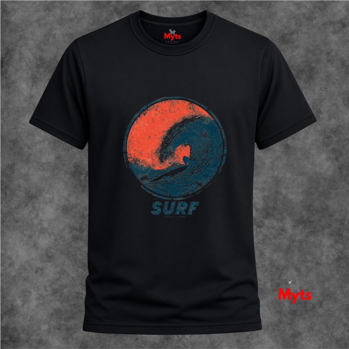 A black short-sleeve t-shirt with a distressed circular graphic on the chest showing a wave in orange and blue with the word 'SURF' underneath. The shirt is displayed against a textured gray background with a red 'Myts' logo watermark in the bottom right corner.