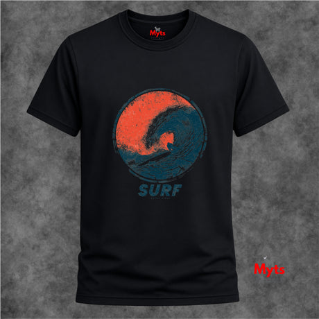 A black short-sleeve t-shirt with a distressed circular graphic on the chest showing a wave in orange and blue with the word 'SURF' underneath. The shirt is displayed against a textured gray background with a red 'Myts' logo watermark in the bottom right corner.